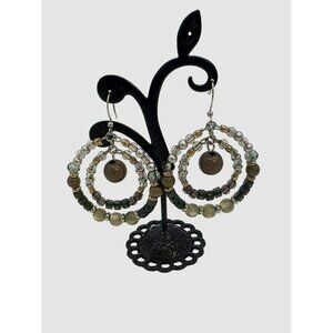 Beaded Hoop Earrings With Earthy Tones‎ & Metal Coin Accents